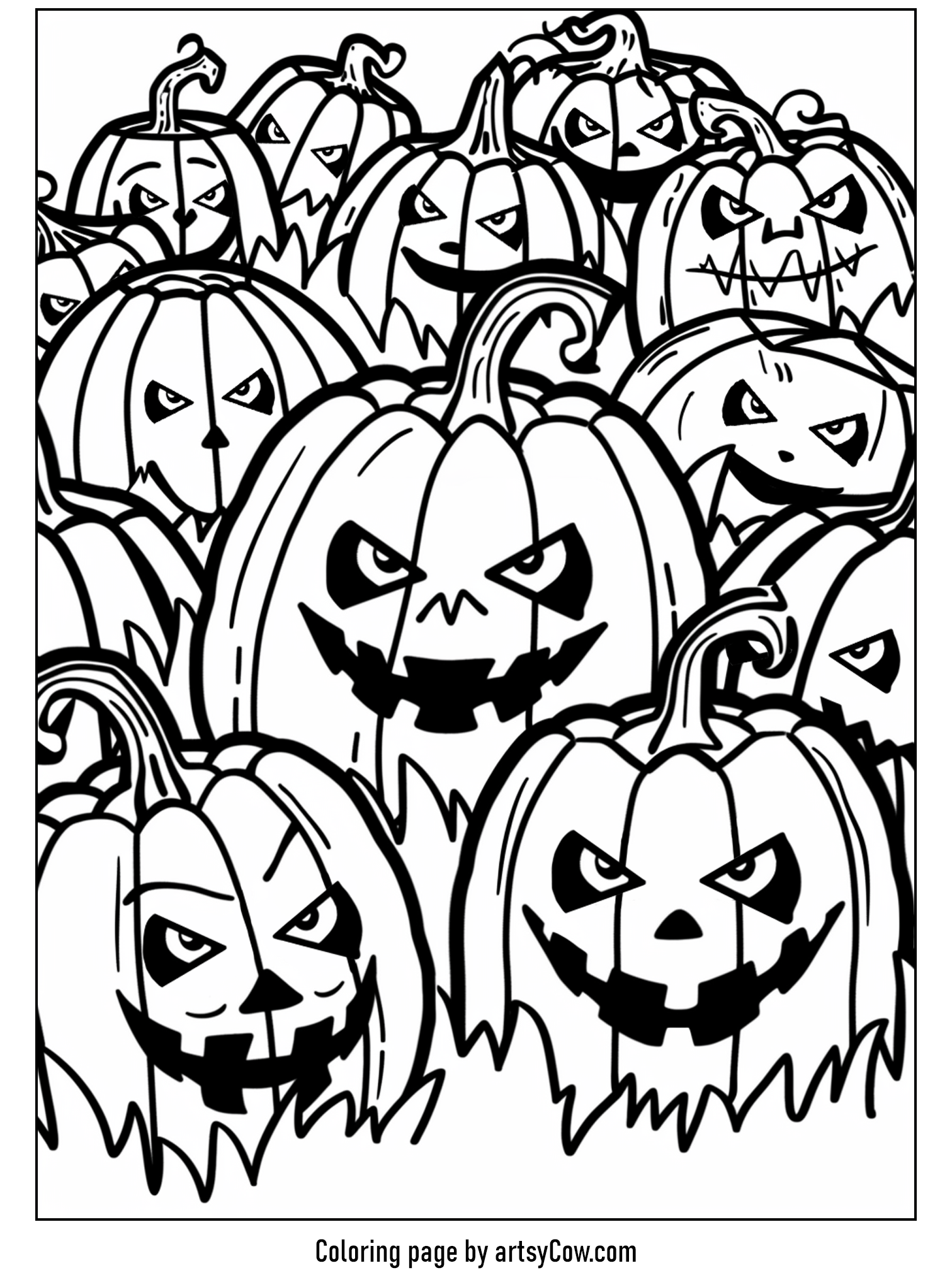 scary halloween coloring pages, a collection of creepy pumpkins with various expressions in a pumpkin patch, designed for coloring